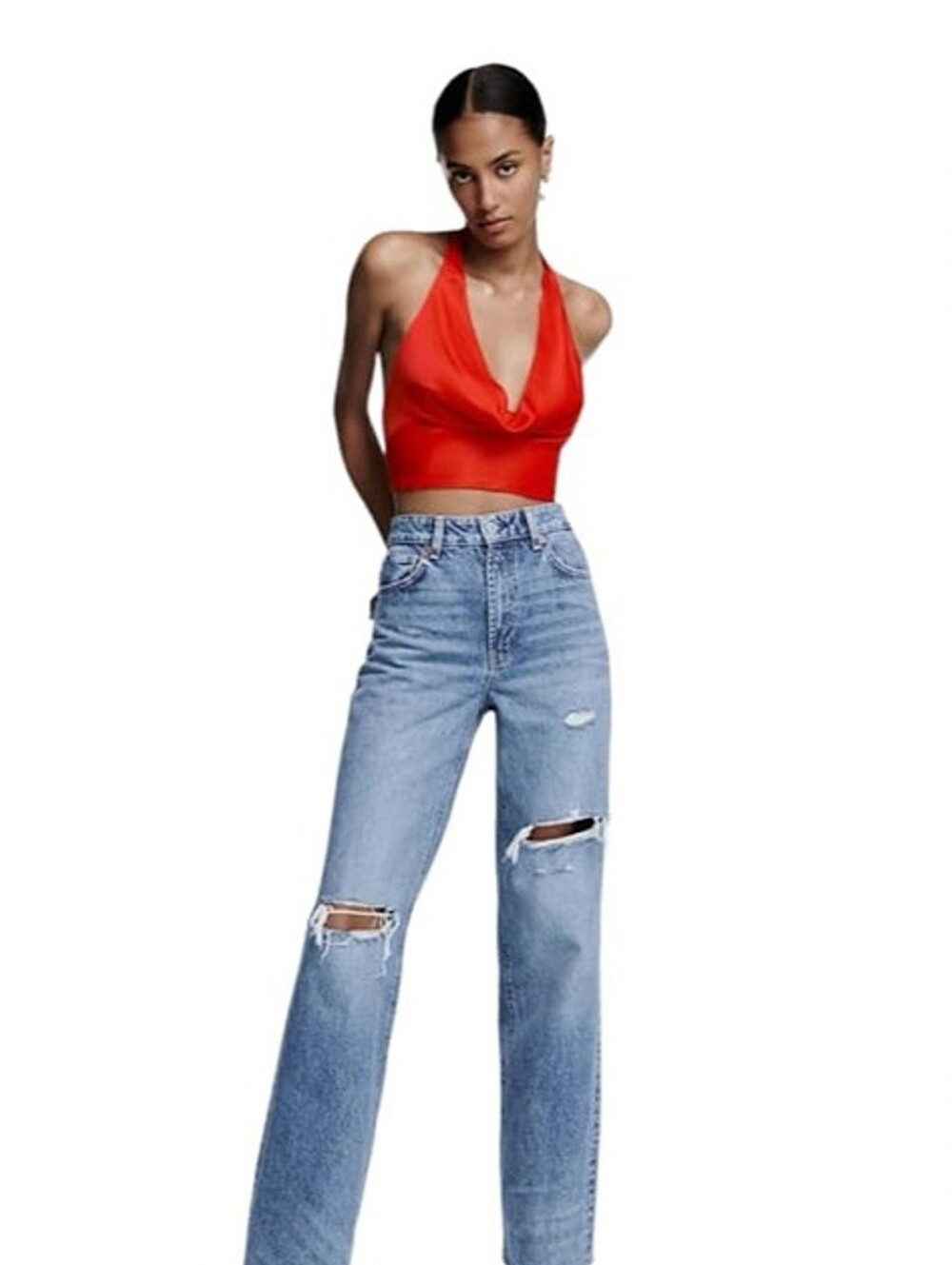 NEW Zara Size S Red Satin Halter Crop Top